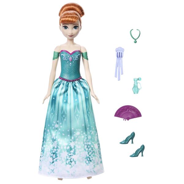 Inspirata de personajul animat din Disney Frozen papusa Spin &amp Reveal Anna dezvaluie surprize cu fiecare rasucire magica Distractia incepe cand copiii deschid clapeta si descopera o scena de joaca inspirata de Anna cu siluete misterioase Urmatorii copii invart pachetul dezvaluind o punga misterioasa la fiecare tura5 in total Gentile detin 10 surprize inclusiv accesorii de moda si autocolante Dezvaluirea finala este o papusa frumoasa Anna cu par moale intr-un updo distractiv o 