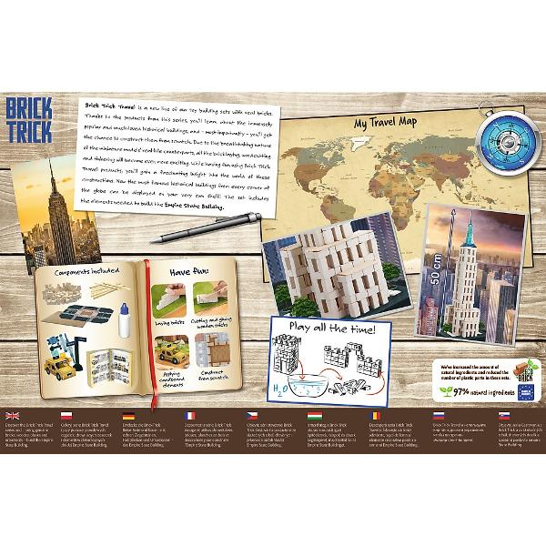 Construieste un simbol al New York-ului cu Brick Trick XL Travel Cladirea Empire State Descopera atmosfera urbana a Americii si recreeaza una dintre cele mai faimoase cladiri din lume Empire State Building Cu ajutorul setului Brick Trick XL Travel poti construi acest zgarie-nori emblematic folosind caramizi reale si materiale ecologice Setul contine tot ce ai nevoie caramizi scanduri din lemn baza HDF lipici elemente decorative din carton si instructiuni pas cu pas Este o activitate 