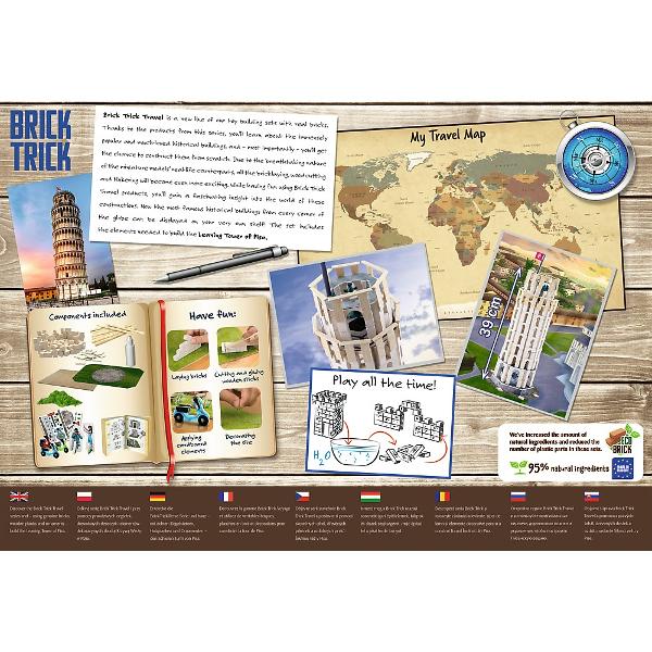 Turnul inclinat din Pisa este un simbol emblematic al Italiei cunoscut pentru structura sa eleganta din marmura alba si inclinatia sa unica Seria de produse Brick Trick Travel te poarta intr-un oras italian unde poti incerca sa devii constructor Foloseste caramizi reale si scanduri de lemn pentru a ridica propria ta constructie Poti adauga decoratiuni din carton frumos ilustrate pe peretii cladirii Proiectul este completat de clopote si o terasa pentru observatie Turnul construit poate 