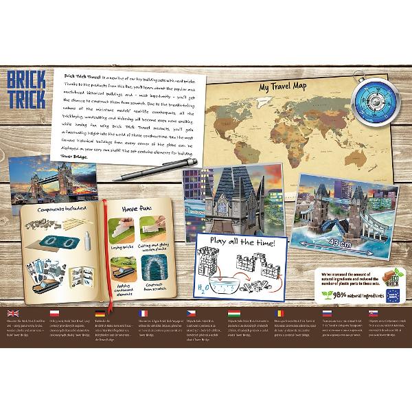 Descopera magia Londrei cu Brick Trick Travel Podul Turnului Construieste faimosul Pod al Turnului din Londra folosind caramizi reale si materiale ecologice Acest set captivant te invita sa devii arhitect si sa recreezi una dintre cele mai emblematice structuri ale capitalei britanice pas cu pas Foloseste caramizi scanduri din lemn si elemente decorative din carton pentru a aduce la viata aceasta constructie spectaculoasa Setul contine toate materialele necesare si instructiuni detaliate 