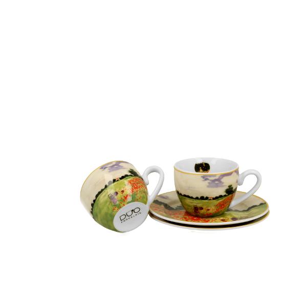 Dou&259; ce&537;ti pentru espresso cu farfurioare POPPY FIELD inspirate de C Monet parte a seriei Art Gallery  realizate din por&539;elan de calitate superioar&259; caracterizat printr-o culoare alb-crem elegant&259; &537;i natural&259; cu o str&259;lucire delicat&259; precum &537;i o durabilitate excep&539;ional&259;Setul este decorat cu un fragment a tabloului  „Maci 