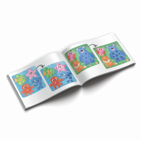 Un set de lucru cu continut educational care il invata pe copil sa decoreze cartonase pre-imprimate folosind plastilina creand bile si zigzaguri cu mainile Copilul invata sa experimenteze cu culori si texturi dezvoltandu-si abilitatile motorii fine in timp ce decoreaza cartonase Realizeaza bile mici si linii cu diferitele culori de plastilina si completeaza imaginile cu animale pas cu pas Fa animalele sa para reale si cunoaste-ti propria lume Set ideal pentru distractie invatare si timp 