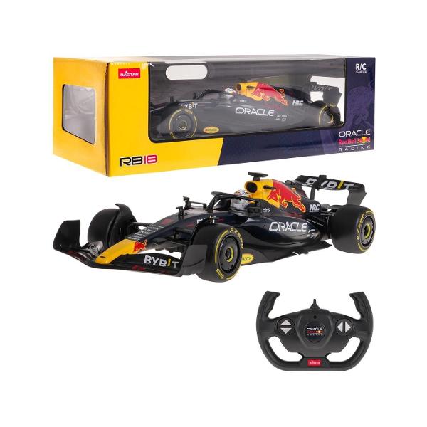 Copilul dumneavoastra se poate juca in voie cu masina cu telecomanda Oracle Red Bull Racing RB18 scara 1 la 12  oferita de brandul international Rastar Nicio cursa nu este imposibil de castigat cu acesta masinuta replica oficiala cu licenta a modelului original construita cu mare atentie la detalii Masinuta are proportiile ideale pentru momente pline de distractie si amuzament avand dimensiunile in centimetri dupa cum urmeaza  471710 Masinuta functioneaza pe frecventa de 