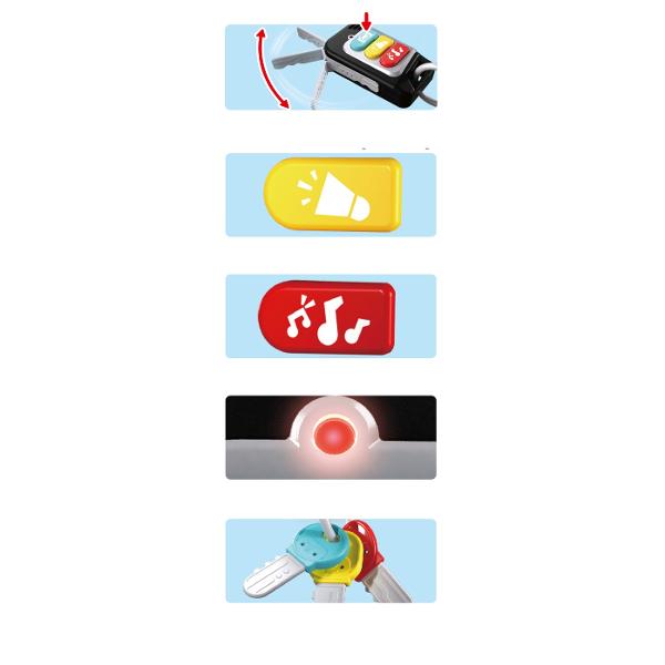 Jucarie interactiva si educativa special conceputa pentru copiii cu varsta intre 12 si 36 de luni Jucaria imita un set real de chei auto si include telecomanda cu butoane colorate care redau peste 20 de melodii si efecte sonore distractive Designul realist si culorile vii atrag atentia celor mici si ii incurajeaza sa exploreze sa apese butoanele si sa descopere sunetele dezvoltandu-si astfel motricitatea fina si intelegerea relatiei cauza-efect Cheitele din plastic durabil sunt sigure 
