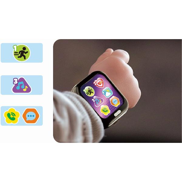 Ceasul educativ de la Hola Toys este o jucarie interactiva special conceputa pentru copiii cu varsta intre 12 si 60 de luni Acest ceas inteligent ofera peste 40 de sunete melodii si fraze care stimuleaza invatarea si curiozitatea copilului Echipat cu butoane colorate si afisaje grafice atractive incurajeaza jocul de rol si ii ajuta pe cei mici sa invete numere forme culori si notiuni muzicale intr-un mod distractiv Include si un joc de intrebari si raspunsuri care provoaca gandirea si 