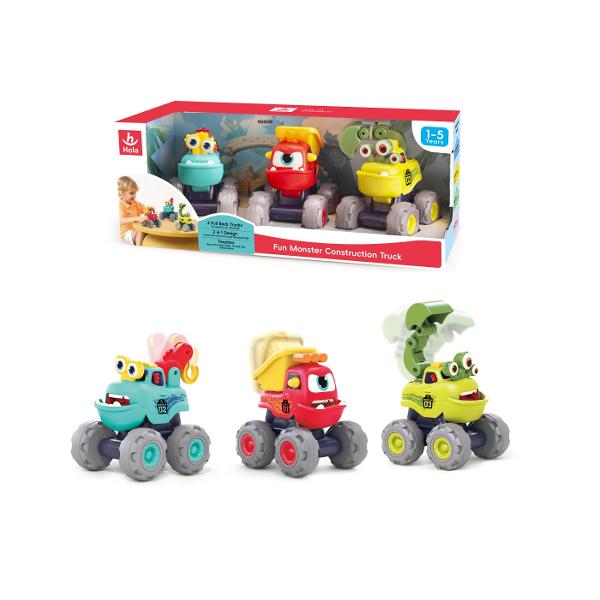 Setul de camioane de constructie cu monstruleti de la Hola Toys este o jucarie amuzanta si educativa potrivita pentru copiii cu varsta intre 1 si 5 ani Pachetul contine trei camioane colorate fiecare avand un design prietenos de monstrulet care atrage atentia celor mici si incurajeaza jocul creativ Camioanele functioneaza prin sistemul &bdquopull-back&rdquo adica se trag usor inapoi si pornesc singure inainte oferind ore intregi de distractie interactiva Designul 2 in 1 imbina 