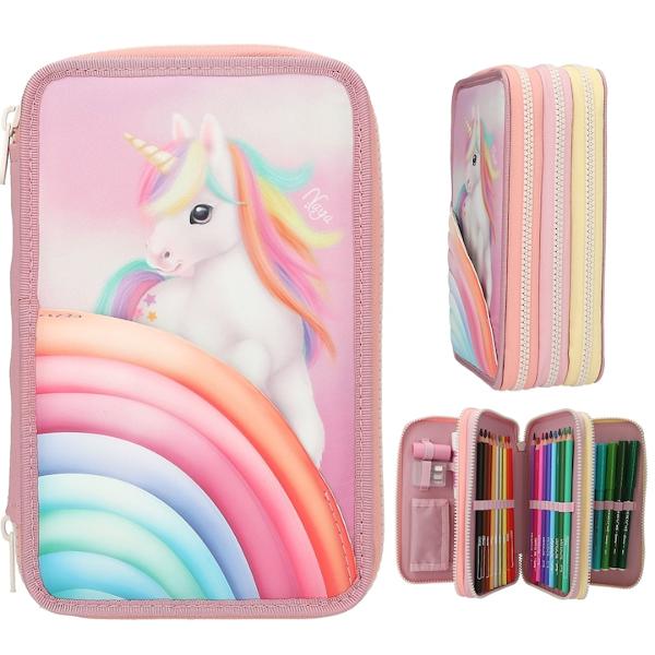 Bucurati-va de curcubeu Cutia de creion roz a lui Ylvi are un imprimeu mare de unicorn in fata si un buzunar colorat in forma de nor Cele trei fermoare de culori diferite adauga si mai multa veselieCele trei compartimente separate sunt umplute cu 18 creioane colorate si 18 carioci 2 creioane un ascutitor de creioane o guma de sters o rigla un betisor de lipici foarfece si o husa mica cu inchidere cu velcroMaterial principal 100 poliester
