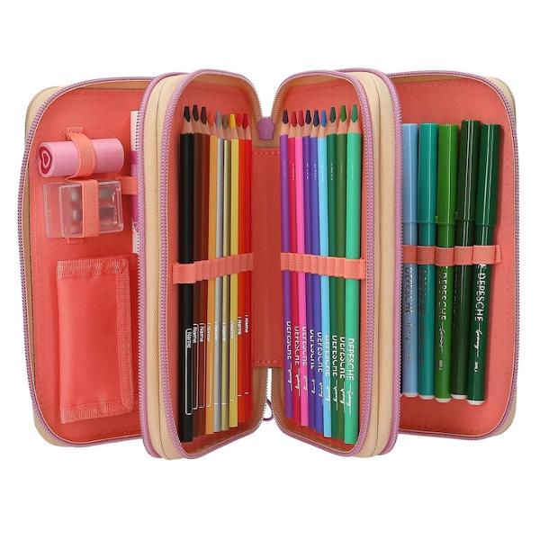 Penar Triplu Echipat TOPModel AOP Girl Power – Design Bej cu Imprimeuri ColoratePenarul echipat TOPModel AOP Girl Power este alegerea ideala pentru scoala combinand un design vesel si plin de energie cu functionalitate maxima Cu un motiv mare pe fata si doua modele atragatoare penarul este decorat cu imprimeuri colorate pe toate partile aducand un plus de personalitateUn detaliu special este dat de fermoarele in culori contrastante care ofera un 