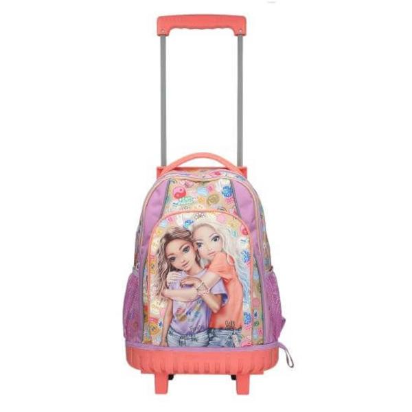 Ghiozdan troller TopModel Girl PowerRucsacul scolar TOPModel este alegerea ideala pentru scoala combinand stilul modern cu functionalitatea Cu un design atractiv in nuante de bej liliac si coral si un imprimeu dublu colorat acest rucsac se remarca prin detalii cool aplicate pe fata laterale si breteleDotat cu un carucior integrat si maner telescopic inaltime extinsa aprox 86 cm rucsacul poate 