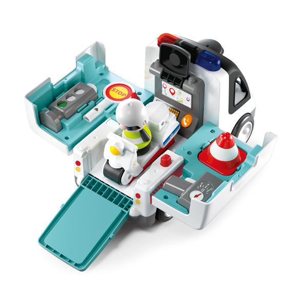 Masinuta de jucarie de politie pentru invatare timpurie este un set educativ destinat copiilor cu varste intre 15 si 5 ani Include o masinuta de politie un politist jucarie o motocicleta si semne de circulatie Produsul are 2 moduri de joc si 8 echipamente de trafic oferind o experienta interactiva care ajuta pe cei mici sa invete reguli de circulatie si sa-si dezvolte abilitati motorii si cognitive Setul este colorat sigur si potrivit pentru joaca educativa timpurie