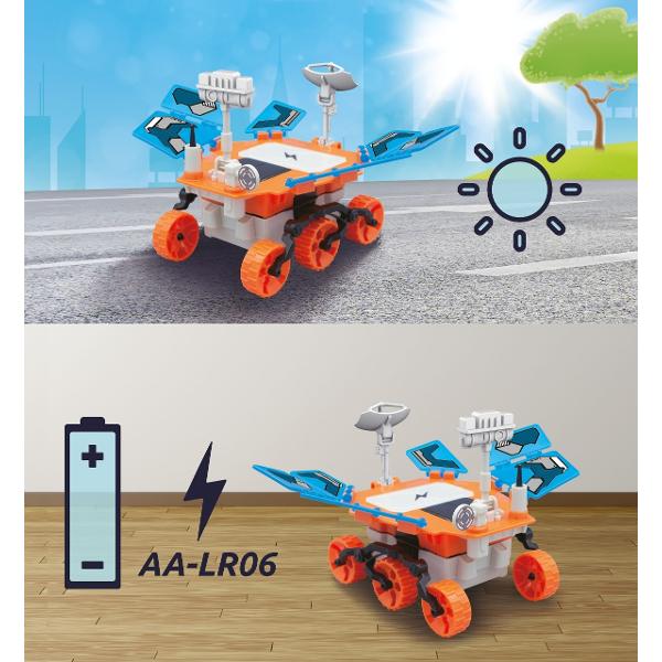  Asambleaza un vehicul care se va putea alimenta cu energie solara Robotelul poate functiona si cu o baterie LR06-AA neinclusa astfel incat sa te poti juca chiar si fara lumina soarelui Exploreaza mai departe excavand un bloc de ipsos pentru a descoperi patru roci autentice- andezit magnetit hematit si olivina - similare cu mineralele gasite pe marte de roverele stiintifice Dimensiunile rover-ului asamblat 22514 