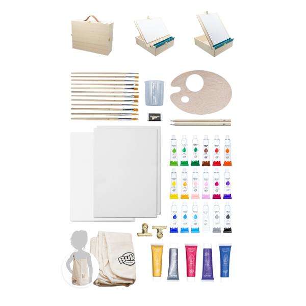 Pune-&539;i &537;or&539;ul &537;i &icirc;nva&539;&259; tehnicile picturii acrilice cu aceast&259; cutie de art&259; din lemn care se transform&259; &icirc;ntr-un &537;evalet Cutia are dou&259; crest&259;turi astfel &icirc;nc&acirc;t s&259; po&539;i alege unghiul &537;evaletului &536;evaletul poate fi a&537;ezat vertical sau orizontal Fixeaz&259; foaia de h&acirc;rtie sau p&acirc;nza sub&539;ire cu cele dou&259; cleme furnizate Datorit&259; ghidului inclus vei putea 