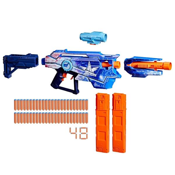 Da viata jocurilor video si personalizeaza-ti pistolul suprem Pistolul Nerf Loadout Galactic Commander dispune de trei moduri de tragere semiautomat rafala cu 3 sageti si complet automat Pachetul include o luneta un stoc de incarcator si un accesoriu de teava toate interschimbabile cu alte pistole Loadout plus doua incarcatoare cu 18 sageti Echipat cu legendarul skin Galactic Commander acest pistol iti va supraalimenta bataliile spatiale epice Pistolul Nerf Loadout Galactic Commander 