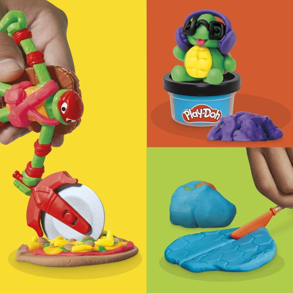 Testoasele mutante puternice si indragite din lume se unesc pentru aventuri imaginative cu setul Play-Doh Cowabunga Creations Aceasta colectie de figurine de actiune Testoasele Ninja prezinta o nota creativa cu unelte si accesorii moi de modelat Exista o multime de moduri de a crea si de a te juca prefacandu-te cu jucariile Testoasele Ninja Rafael Donatello Michelangelo si Leonardo Fiecare figurina de 10 cm are brate si picioare flexibile si o matrita ascunsa in carapacea testoasei pentru 