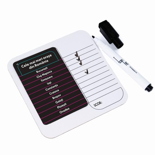 Joc de societate Top 10 in limba Romana Gaseste 10 raspunsuri in 60 de secunde Un joc de cultura generala plin de dinamism si distractie perfect pentru intreaga familie Fiecare runda te provoaca sa raspunzi rapid si corect la cat mai multe teme testandu-ti atentia gandirea si viteza de reactie Contine 100 de carduri cu doua fete 200 de teme 2 cartonase de raspuns 1 tabla de joc 2 markere cu radiera 2 pioni 1 clepsidra Un joc competitiv si amuzant care stimuleaza memoria si 