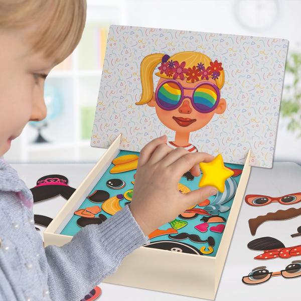 Fete Amuzante este o jucarie educativa si captivanta care ii ajuta pe copii sa descopere si sa inteleaga trasaturile umane intr-un mod jucaus Copiii pot combina magnetii pentru a recrea fetele ilustrate pe cartile incluse sau isi pot folosi imaginatia pentru a inventa expresii si combinatii amuzante dezvoltandu-si astfel creativitatea si spiritul de observatie Jocul contribuie la dezvoltarea atentiei coordonarii mana-ochi si a recunoasterii emotionale transformand fiecare sesiune de joaca 