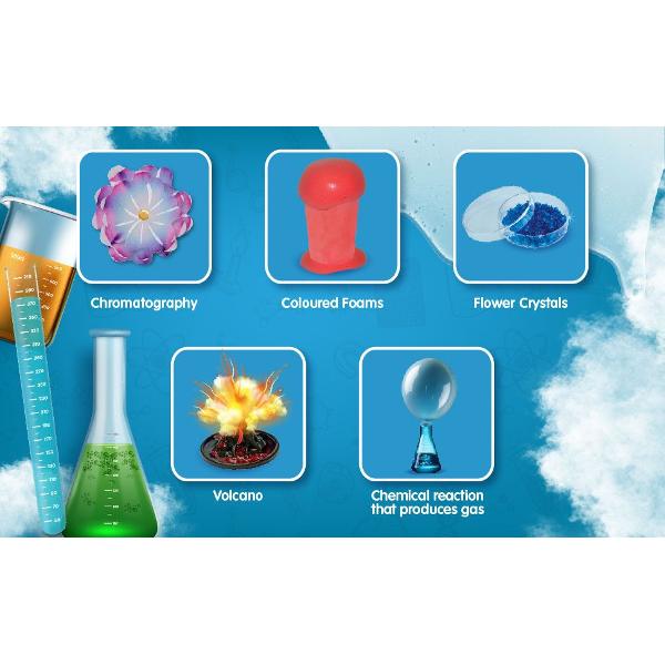 Devino un adevarat om de stiinta cu incredibilul Set  100 Experimente stiintifice Exploreaza lumea fascinanta a stiintei cu cele 100 de experimente distractive pregatite special pentru tine Acest set stiintific include 47 de componente si distractie fara sfarsit pentru o luna intreaga Distreaza-te creand reactii chimice colorate vulcani cristale si slime nebunesc Descopera cromatografia si multe altele Continutul setului pigment rosu pigment galben manusi vas Petri ochelari de 