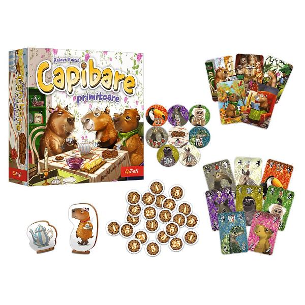 Un joc adorabil de societate Capibare primitoare  semnat de celebrul Reiner Knizia care te invita in lumea capibarelor primitoare Capibarele isi dau intalnire la o masa plina de ceai fursecuri si voie buna iar tu esti invitat sa te alaturi Scopul jocului este sa formezi combinatii potrivite si sa aduni cat mai multe puncte in timp ce te bucuri de atmosfera relaxata si ilustratiile calde create de Michal Ambrzykowski Ideal pentru intreaga familie Capibare primitoare imbina strategia 