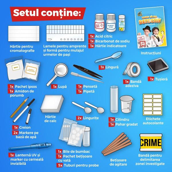 Te fascineaz&259; munca detectivilor &538;i-ai dori s&259; &537;tii ce tehnici folosesc pentru a prinde infractorii Exploreaz&259; metode de investiga&539;ie reale &537;i rezolv&259; cazurile ca un profesionist cu super kitul Vreau s&259; fiu detectivPreg&259;te&537;te-te pentru cele mai tari experien&539;e din via&539;a ta Amenajeaz&259;-&539;i un loc &icirc;n care s&259;-&539;i po&539;i organiza un mic laborator de investiga&539;ie &537;i lucreaz&259; la 