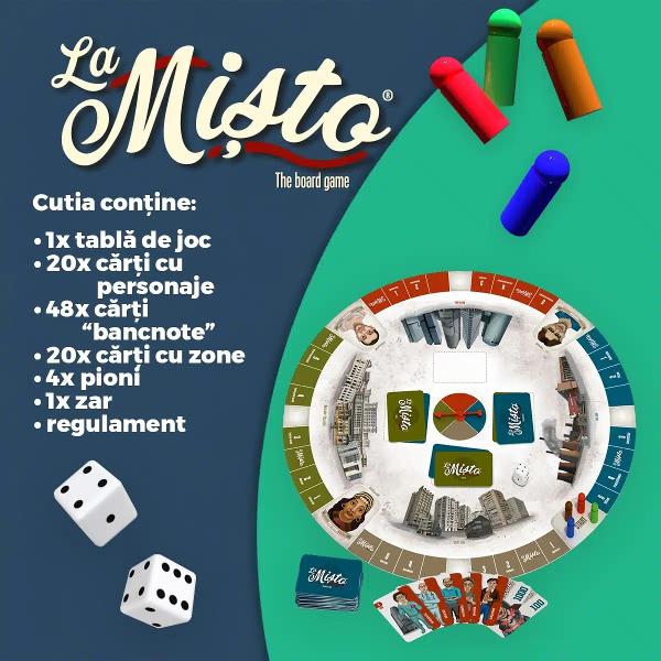 Ce ob&539;ii dac&259; pui laolalt&259; bluf strategie &537;i mult haz Ob&539;ii La Mi&537;to un joc de societate incitant în care totul e permis pentru a câ&537;tiga Chiar &537;i s&259; î&539;i &537;antajezi adversarii pentru a ie&537;i în avantajDescoper&259; cum e s&259; fii cel mai mi&537;to baron local &537;i s&259; de&539;ii controlul în cât mai multe zone din Bucure&537;ti Colaboreaz&259; cu personaje 