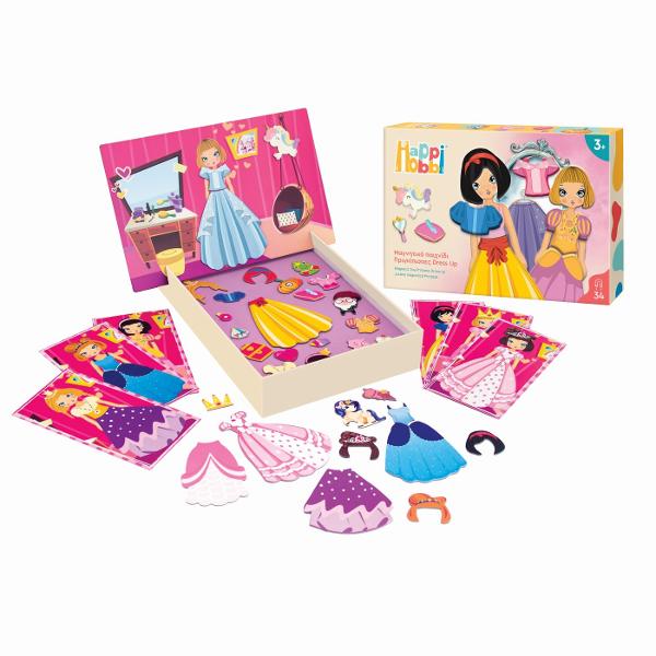 Printesele te invita intr-o lume plina de culoare si fantezie Combina cele 34 de piese din carton cu magneti  rochii coafuri si accesorii  pentru a crea cele mai frumoase printese Poti urma modelele de pe cele 7 carti incluse sau iti poti lasa imaginatia libera si sa creezi propriile tale tinute regale Jocul ofera multiple posibilitati de joaca prin imitatie stimuland creativitatea atentia si coordonarea copiilor Te poti juca impreuna cu prietenii sau parintii inventand povesti magice 