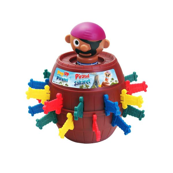 Piratul Saltaret este un joc plin de suspans si voie buna perfect pentru seri in familie sau intalniri cu prietenii Inspirat din atmosfera aventuroasa a marilor jocul aduce in prim-plan un pirat haios ascuns intr-un butoi misterios pregatit oricand sa sara in aer atunci cand te astepti mai putin Jucatorii introduc pe rand sabii colorate in fantele butoiului fiecare incercare crescand tensiunea si anticipatia Nu stii niciodata care sabie va declansa saltul piratului iar aceasta surpriza 