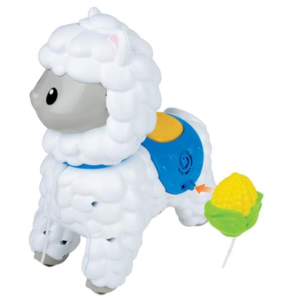 Jucaria de impins Alpaca cu fraze sunete amuzante melodii si lumini intermitente este un companion perfect pentru copiii in varsta de 12 luni si mai mari Mica Alpaca este echipata cu un maner usor de apucat special proiectat pentru a fi utilizat de catre manutele mici ale copiilor Atunci cand este impinsa capul ei se misca oferind o experienta vizuala placuta si incurajand copiii sa continue sa se joace Copiii pot interactiona cu mica Alpaca hranind-o sau apasand pe capul ei Aceasta 