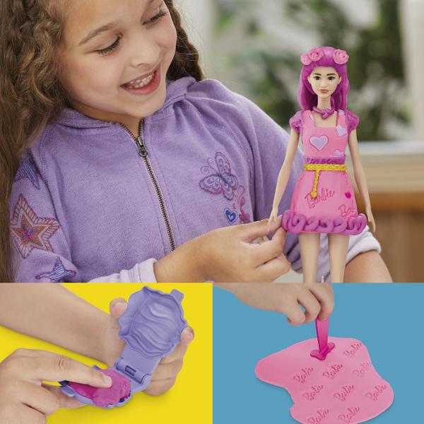 Creeaza stiluri super dragute cu setul Inimioare si Par Este usor si distractiv sa creezi haine pentru papusa Barbie Play-Doh cu acest kit de arte si mesteruguri Pur si simplu aseaza papusa pe suport foloseste foaia cu modelul Play-Doh si decupatoarele pentru a croi rochite Barbie si imbrac-o in cele mai creative moduri imaginabile Ofera-i 2 coafuri Play-Doh diferite cu matritele pentru par scurt si lung sau copii isi pot face propriile coafuri manual Adauga accesorii pentru papusa Barbie 