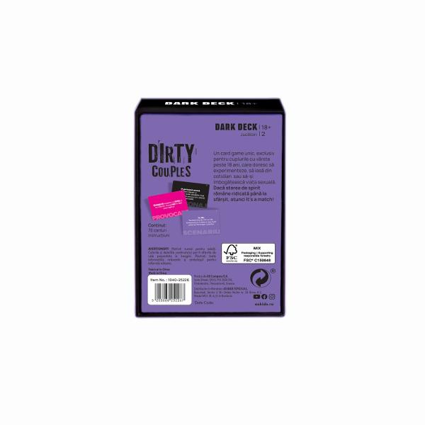 Dirty Couples Dark Deck este un joc de carti destinat exclusiv adultilor conceput pentru cupluri care vor sa adauge mai multa intensitate umor si provocare in relatia lor Pachetul contine provocari indraznete intrebari personale si situatii provocatoare care stimuleaza comunicarea conexiunea si dorinta dintre parteneri Ideal pentru seri in doi aniversari sau momente in care doriti sa iesiti din rutina acest dark deck 18 transforma fiecare runda intr-o experienta plina de surprize si 