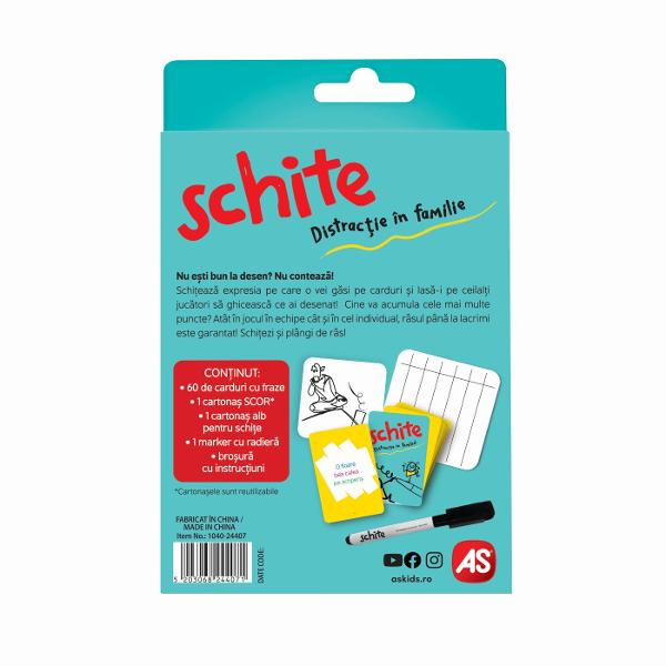 Schite  Distractie in familie este un joc de carti de societate dinamic si amuzant potrivit pentru serile petrecute alaturi de familie sau prieteni Conceput pentru 3 sau mai multi jucatori acest joc pune la incercare creativitatea si rapiditatea participantilor provocandu-i sa deseneze si sa ghiceasca diferite cuvinte sau expresii intr-un timp limitat Regulile sunt simple si usor de inteles ceea ce il face accesibil atat copiilor cat si adultilor fiind recomandate pentru varste intre 6 