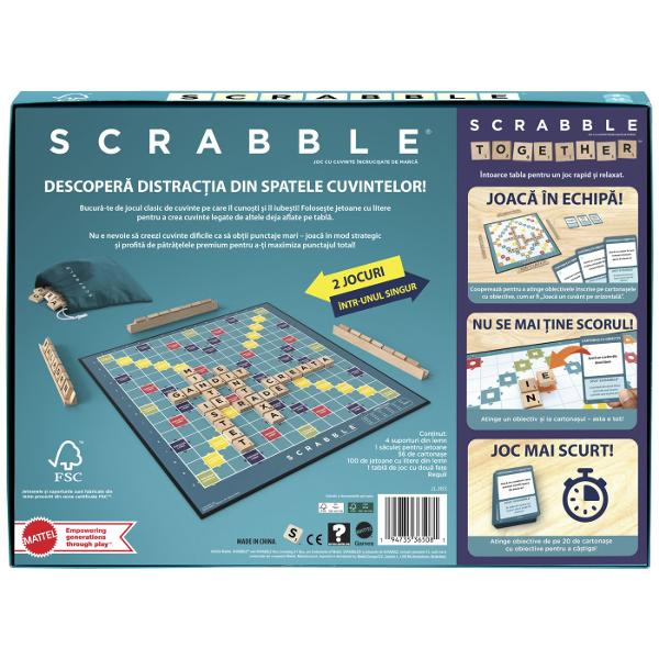Redescopera placerea jocurilor de cuvinte cu Scrabble editia clasica ce include jetoane si suporturi din lemn pentru o experienta autentica si durabila Tabla de joc are doua fete oferind 2 jocuri intr-unul singur varianta Classic Scrabble pentru competitie strategica si varianta Scrabble Together pentru o experienta mai accesibila si colaborativa Jucatorii formeaza cuvinte incrucisate pe tabla acumuland puncte in functie de valoare literelor si a spatiilor speciale Setul este potrivit 