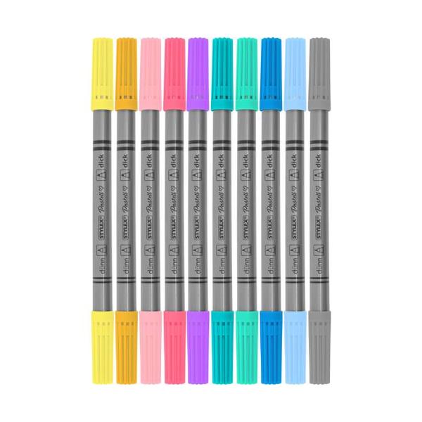 Carioci cu v&acirc;rf dublu duo 10 buc pastel10 culori pastelv&acirc;rf 20 mm &537;i 30 mm capac ventilat&icirc;n cutie de carton cu fereastr&259;