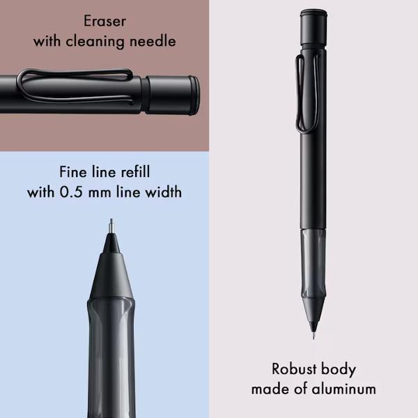 Creionul mecanic Lamy AL-star este un instrument de scris atractiv tineresc care satisface chiar si cele mai exigente cerinte Fabricat din aluminiu rezistent anodizat in culoarea grafitului Cu grip fumuriu - transparent distinctiv si clema metalica flexibilaDetalii creion mecanic Lamy AL-star black aluminiu anodizat matt black  clip metalic  grip din plastic ergonomic  rezerva creion mecanic 