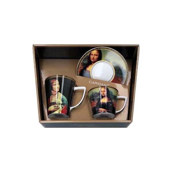 Set elegant realizat din por&539;elan fin inspirat de capodoperele renascentiste semnate de Leonardo da Vinci ce aduce un plus de rafinament &537;i valoare artistic&259; &icirc;n fiecare moment de relaxare Setul con&539;ine o cea&537;c&259; de 230 ml cu farfurioar&259; asortat&259; decorate cu celebra &bdquo;Mona Lisa&rdquo; &537;i o can&259; de 400 ml ilustrat&259; cu &bdquo;Doamna cu hermin&259;&rdquo;p data-start403 