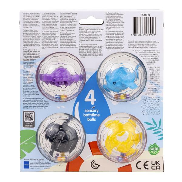 Winfun Set 4 Bile Senzoriale Pentru Baie este un set de jucarii pentru baie conceput pentru a transforma fiecare moment petrecut in apa intr-o experienta distractiva si interactiva Setul include 4 mingi transparente fiecare avand in interior un animalut colorat si bile mici care produc sunete atunci cand sunt agitate Mingile plutesc pe apa se rotesc si se misca liber captand atentia copilului si incurajand explorarea Designul ergonomic este adaptat pentru mainile mici fiind usor de prins 