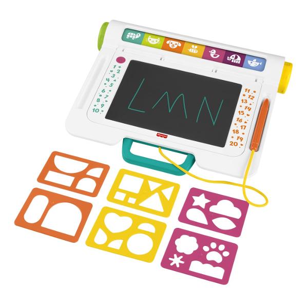 Biroul De Invatare Fisher-Price este conceput pentru a incuraja invatarea si creativitatea copiilor prin activitati interactive si distractive Suprafata de scriere tip LCD permite desenarea si exersarea scrisului fara murdarie folosind stiloul special inclus Panourile colorate si rotita interactiva ofera activitati de invatare cu forme imagini si secvente simple care stimuleaza gandirea logica si recunoasterea vizuala Setul include si sabloane pentru forme incurajand copiii sa exploreze 
