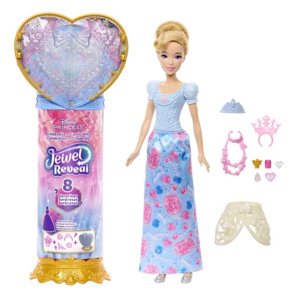 Setul Disney Princess Jewel Reveal aduce magia povestilor Disney intr-o experienta plina de surprize Ambalat intr-o cutie eleganta in forma de inima stralucitoare setul ascunde in interior o papusa Cenusareasa inspirata din universul Printeselor Disney si multiple accesorii surpriza Copiii pot deschide compartimentele pentru a descoperi treptat elementele incluse precum accesorii de moda si detalii inspirate din poveste Designul sclipitor si mecanismul de deschidere a transformarii 