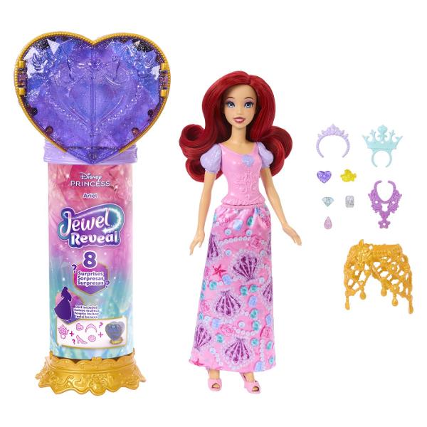 Setul Disney Princess Jewel Reveal aduce magia lumii Disney intr-o experienta plina de surprize si descoperiri Ambalat intr-o cutie eleganta in forma de inima stralucitoare setul ascunde in interior o papusa Ariel inspirata din universul Printeselor Disney si mai multe accesorii surpriza Copiii pot deschide compartimentele pentru a descoperi treptat elementele incluse precum accesorii de moda si detalii inspirate din poveste Designul sclipitor si mecanismul de deschidere transforma fiecare 