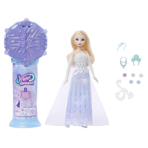 Setul Disney Frozen Jewel Reveal Elsa ofera copiilor o experienta magica de descoperire inspirata din universul filmului Frozen Ambalat intr-o cutie stralucitoare in forma de fulg de zapada setul ascunde in interior mai multe surprize care pot fi dezvaluite treptat prin deschiderea compartimentelor Copiii pot descoperi o papusa inspirata de printesa Elsa si accesorii tematice care completeaza tinuta si povestea personajului Designul sclipitor si mecanismul de deschidere transforma fiecare 