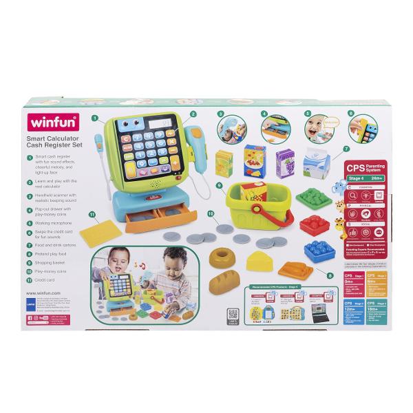 Winfun Set Casa De Marcat Interactiva Cu Accesorii este o jucarie interactiva complexa conceputa pentru copii de la 24 luni ideala pentru invatare prin joaca si dezvoltarea abilitatilor de baza matematica si sociala Setul include o casa de marcat electronica cu functie de calculator real scanner microfon functional si multiple accesorii precum alimente de jucarie si cos de cumparaturi oferind o experienta completa de joc de rol Casa de marcat este prevazuta cu taste numerice si functii 