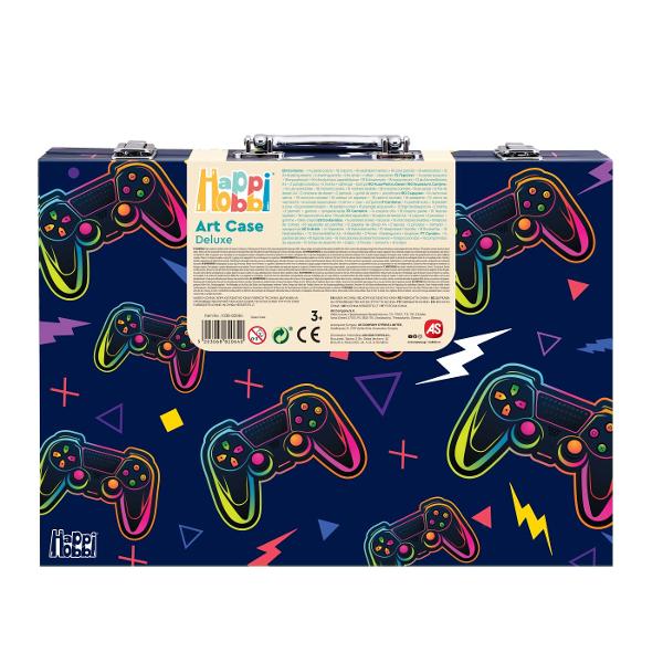 Indiferent cate culori ai niciodata nu sunt suficiente pentru creatiile tale artistice Cu trusa HappiHobbi Deluxe Art Case Joc Video vei gasi 100 de accesorii pentru a desena modelele tale preferate si a explora diferite tehnici artistice Toate sunt impachetate cu grija intr-o trusa practica cu maner astfel incat sa poti lua creativitatea cu tine oriunde te-ai duce