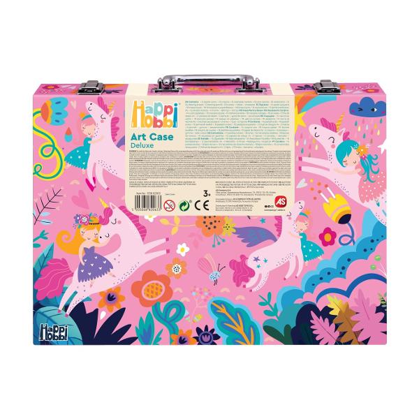 Indiferent de numar de culori pe care le ai acestea nu vor fi niciodate suficiente pentru desenul tau In trusa deluxe Happi Hobbi Fantezie Unicorni pentru desen vei gasi 100 de accesorii pentru a desenapicta imaginile tale preferate si pentru a invata diferite tehnici Si toate acestea intr-o trusa de desen cu maner pe care o poti lua cu tine oriunde ai merge  Setul include 14 culori pastel 18 creioane cerate 16 markere lavabile 18 creioane colorate 16 acuarele 12 coli A4 pentru 