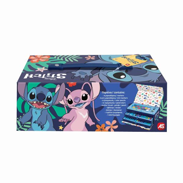 Set creativ de colorat in valiza inspirat din universul Stitch  ideal pentru activitati artistice si distractie oriunde Valiza este prevazuta cu maner fiind usor de transport si perfecta pentru organizarea accesoriilor Setul include aproximativ 50 de piese precum creioane colorate carioci si alte accesorii pentru desen si colorat oferind tot ce este necesar pentru exprimarea creativitatii Copiii pot crea desene colora si personaliza diferite elemente intr-un mod distractiv Designul 