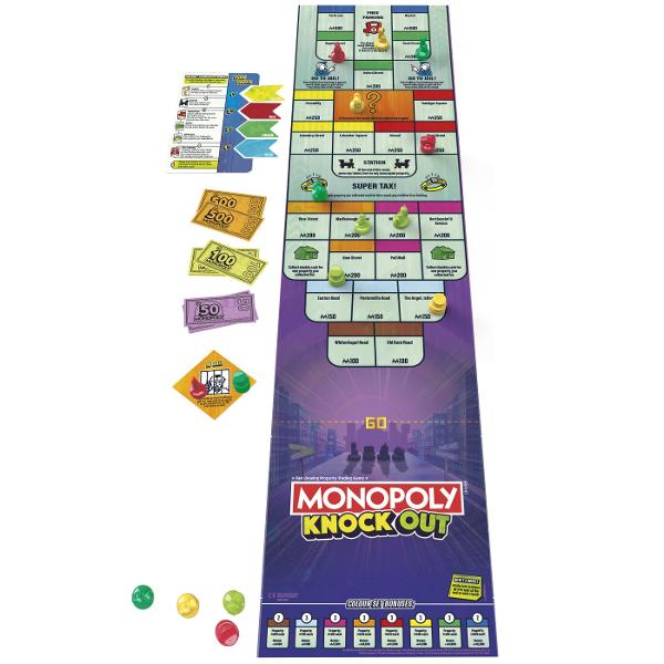 Monopoly Knock Out este un joc de societate dinamica si competitiv care aduce o abordare completa noua asupra clasicului Monopoly transformand fiecare partida intr-o experienta rapida si plina de actiune In locul regulilor traditionale jucatorii isi lanseaza jetoanele pe tabla de joc incercand sa isi passtreze pozitia pe proprietati valoroase si sa ii elimine pe adversari pentru a castiga bani Designul modern si mecanica interactiva fac jocul utilizatorului de inteles si extrem de 