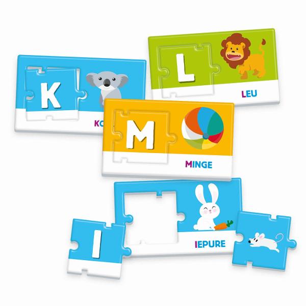 Alfabetul este joc educativ special conceput pentru copiii de la 3 ani Contine cartonase ilustrate cu animale si litere pentru o prima abordarea a alfabetului intr-un mod placut si distractiv invatand literele si sunetul lor Jocul indeamna copilul sa scrie primele cuvinte in romana si engleza Setul contine 30 de cartonase cu imagini si cuvinte 30 de piese de puzzle si 1 manual de instructiuni Valori dezvoltate citirea si scrierea logica si spiritul de observatie limba straina 