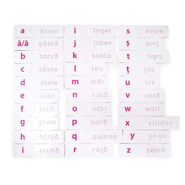 INVAT LITERELE este un joc educativ progresiv bazat pe corespondenta dintre litere imagini si cuvinte de pe cele doua parti ale cartonaselor pentru a-i invata pe cei mici sa scrie si sa citeasca Copilul observa cu atentie imaginile identifica litera de pe piesa de puzzle si incearca sa gaseasca cuvantul corespunzator Dupa ce uneste toate piesele de puzzle copilul incearca sa scrie cuvantul de pe fiecare cartonas cu litere de mari pe fata si cu litere mici pe verso Astfel prin joc si 