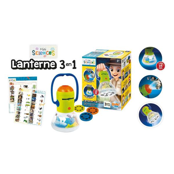 O lanterna&nbsp;3-in-1 pentru descoperirea animalelorLanterna dispune de 3 moduri proiector lumina de noapte si tortaLumini LED cu temporizator de 15 minute Include trei discuri a cate opt diapozitiveInclude instructiuni ilustrate cu diagrame de asamblare si activitati distractiveNecesita 3 baterii AG13  LR44 incluse&nbsp;Varsta recomandata 3 aniDimensiuni cutie&nbsp;145 x 0850 x 18 cmCulorile si continutul pot 