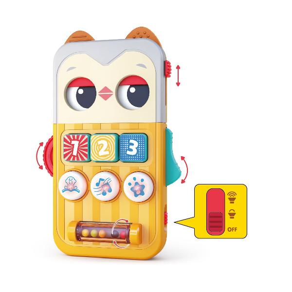 Jucarie educativa interactiva tip mini tablita de joaca Bufnita conceputa pentru a stimula dezvoltarea cognitiva si senzoriala a copiilor mici Produsul are un design atractiv in forma de bufnita cu culori vii si elemente tactile care capteaza atentia si incurajeaza explorarea Panoul frontal include butoane numerotate simboluri si imagini care declanseaza sunete si melodii contribuind la invatarea numerelor formelor si asociatiilor vizuale In partea inferioara este integrat un element 