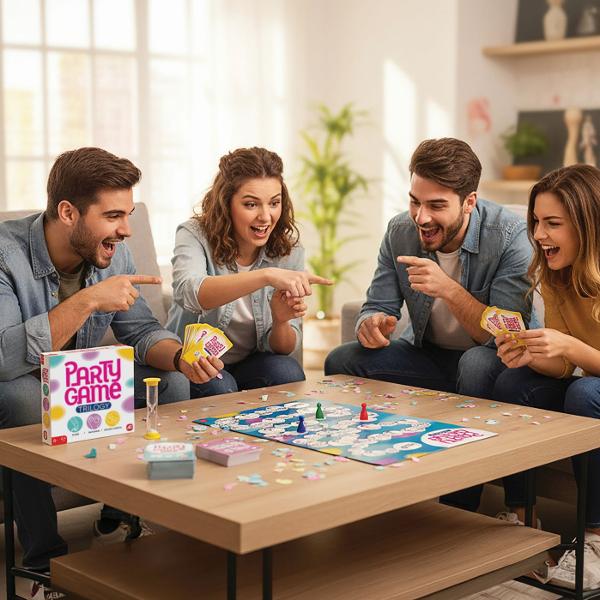 Party Game Trilogy este un joc de societate dinamica si distractiv care aduce impreuna trei jocuri clasice intr-unul singur oferind experienta variata si pline de energie pentru intreaga familie sau grupuri de prieteni Trilogia jocurilor de societate combina trei dintre cele mai indragite tipuri de joc desen sketching mima charades si descriere guess the word punand la incercare creativitatea imaginatia si spiritul echipamentului participantilor Jucatorii trebuie sa deseneze sa 