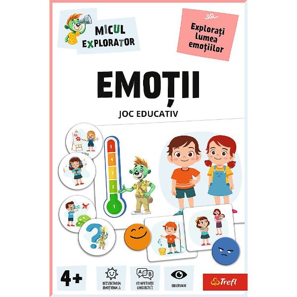 Jocul educativ &bdquoEmotii  Micul Explorator&rdquo este conceput pentru ai ajuta pe copii sa descopere si sa inteleaga lumea emotiilor intr-un mod interactiv si prietenos Prin sugestive carduri ilustrate si elemente vizuale atractive cei mici invata sa recunoasca diferite stari emotionale sa le denumeasca si sa le asocieze cu situatii din viata de zi cu zi Jocul stimuleaza dezvoltarea emotionala incurajeaza exprimarea sentimentelor si contribuie la imbunatatirea abilitatilor de 